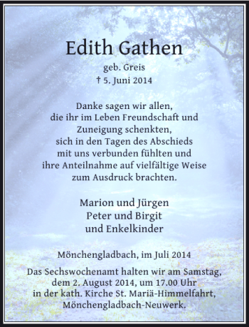 Traueranzeige von Edith Gathen von Rheinische Post