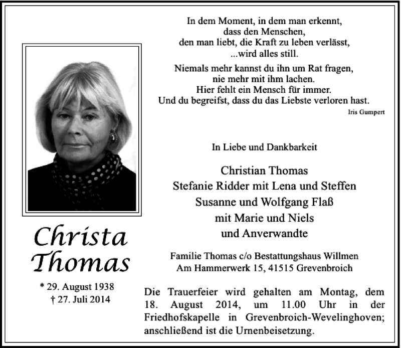  Traueranzeige für Christa Thomas vom 02.08.2014 aus Rheinische Post
