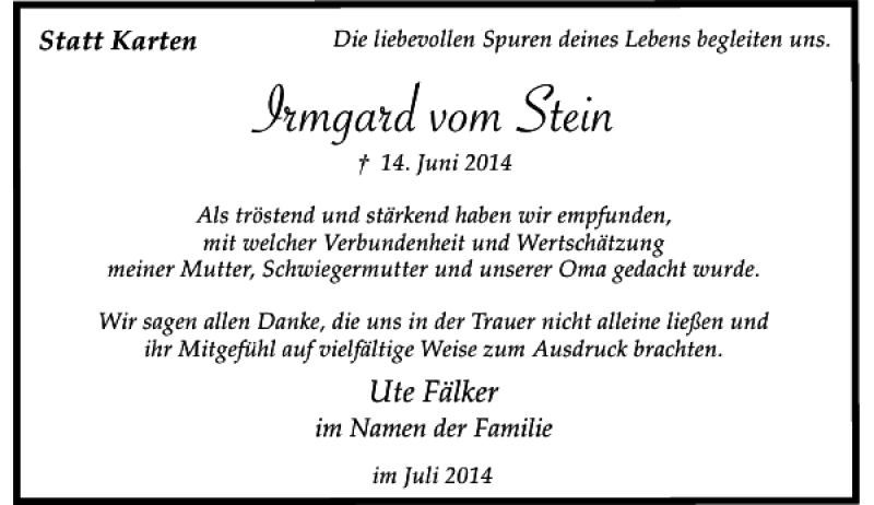  Traueranzeige für Irmgard vom Stein vom 02.08.2014 aus Rheinische Post