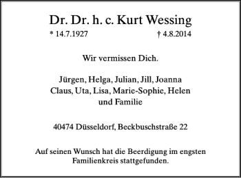 Traueranzeige von Dr. Dr. h. c. Kurt Wessing von Rheinische Post