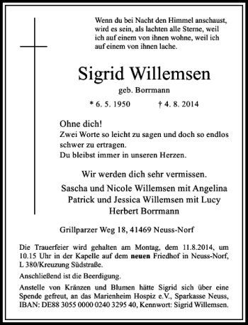 Traueranzeige von Sigird Willemsen von Rheinische Post