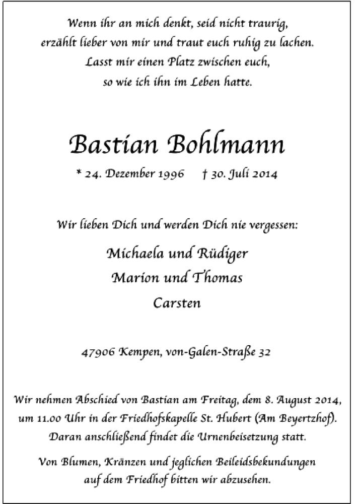  Traueranzeige für Bohlmann Sebastian vom 06.08.2014 aus Rheinische Post