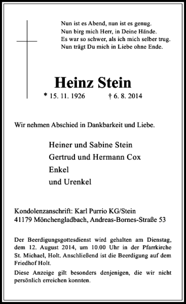  Traueranzeige für Heinz Stein vom 09.08.2014 aus Rheinische Post
