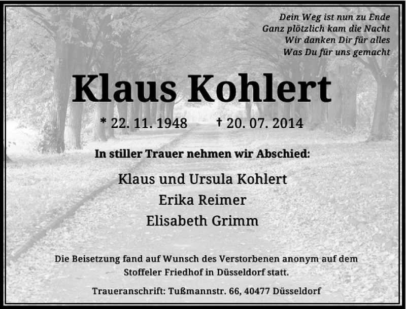  Traueranzeige für Klaus Kohlert vom 09.08.2014 aus Rheinische Post