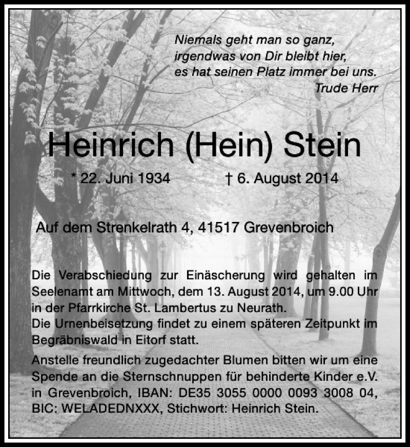  Traueranzeige für Heinrich (Hein) Stein vom 09.08.2014 aus Rheinische Post