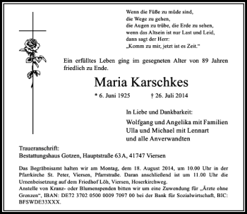 Traueranzeige von Maria Karschkes von Rheinische Post