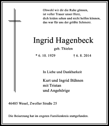 Traueranzeige von Ingrid Hagenbeck von Rheinische Post