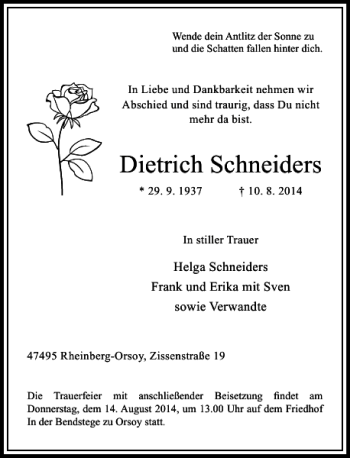Traueranzeige von Dietrich Schneiders von Rheinische Post