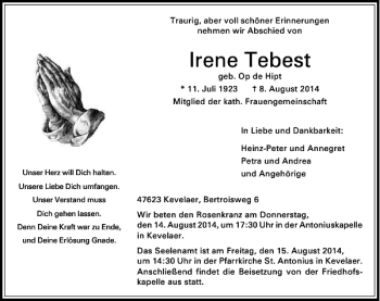 Traueranzeige von Irene Tebest von Rheinische Post