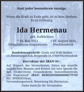 Traueranzeige von Ida Hermenau von Rheinische Post