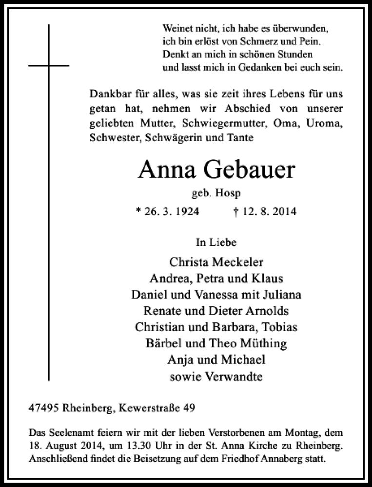 Alle Traueranzeigen für Anna Gebauer | trauer.rp-online.de
