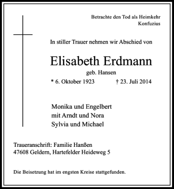 Traueranzeige von Elisabeth Erdmann von Rheinische Post