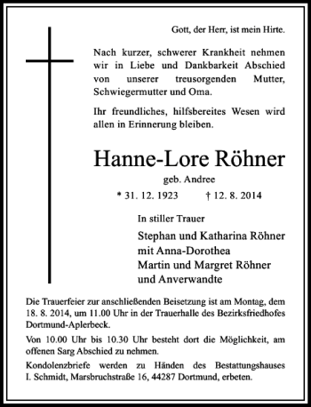 Traueranzeige von Hanne-Lore Röhner von Rheinische Post
