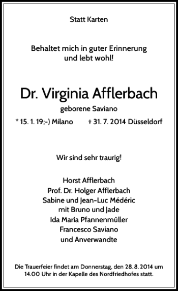 Traueranzeige von Virginia Afflerbach Dr. von Rheinische Post
