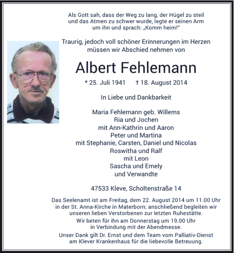  Traueranzeige für Albert Fehlemann vom 19.08.2014 aus Rheinische Post