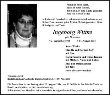 Traueranzeige von Ingeborg Wittke von Rheinische Post