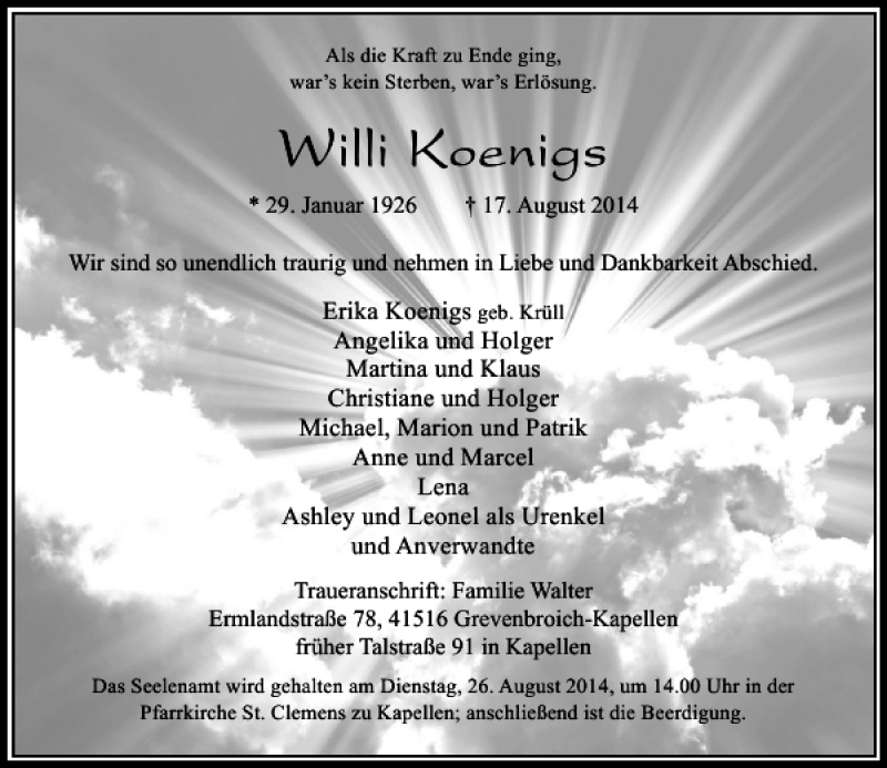  Traueranzeige für Willi Koenigs vom 21.08.2014 aus Rheinische Post