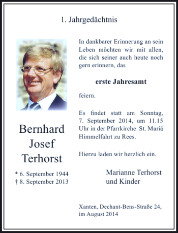 Traueranzeige von Bernhard Josef Terhorst von Rheinische Post