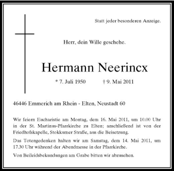 Traueranzeige von Hermann Neerincx von Rheinische Post