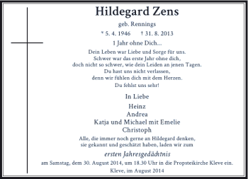 Traueranzeige von Hildegard Zens von Rheinische Post