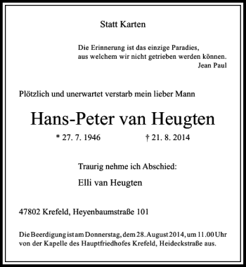 Traueranzeige von Hans-Peter van Heugten von Rheinische Post