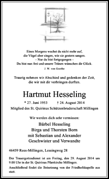 Traueranzeige von Hartmut Hesseling von Rheinische Post