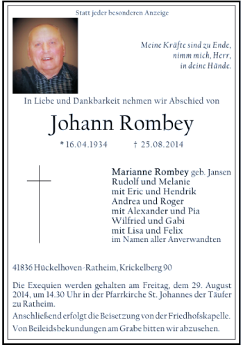 Traueranzeige von Johann Rombey von Rheinische Post