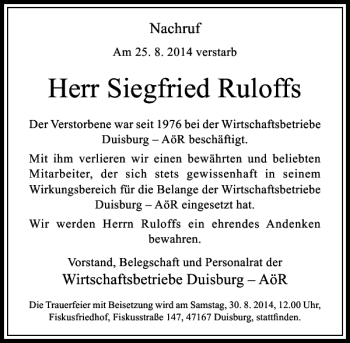 Traueranzeige von Siegfried Ruloffs von Rheinische Post