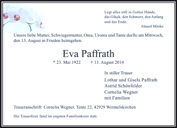 Traueranzeige von Eva Paffrath von Rheinische Post