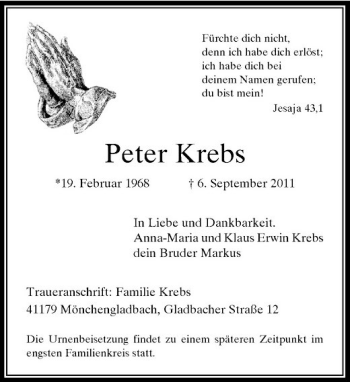 Traueranzeige von Peter Krebs von Rheinische Post