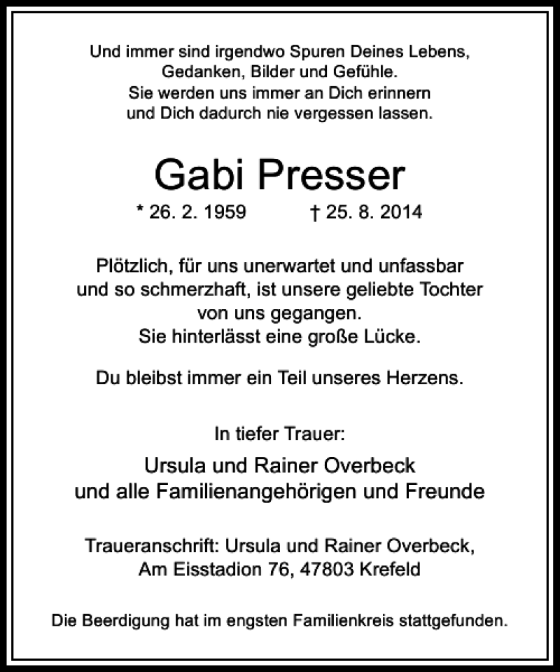  Traueranzeige für Gabi Presser vom 06.09.2014 aus Rheinische Post