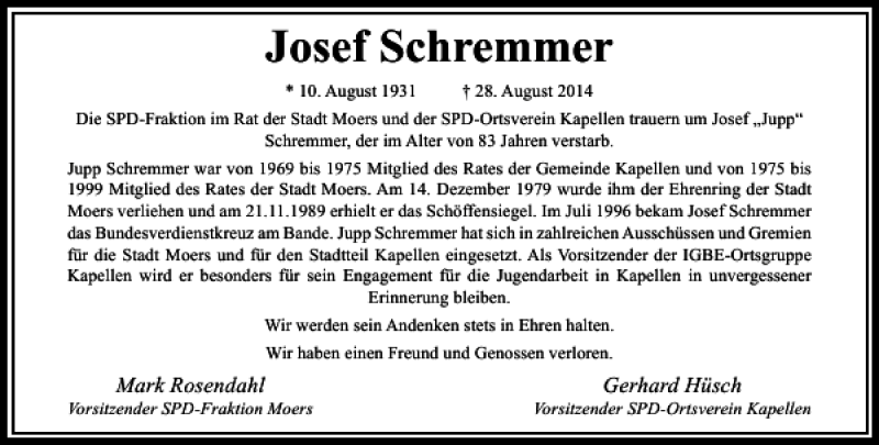  Traueranzeige für Josef Schremmer vom 04.09.2014 aus Rheinische Post