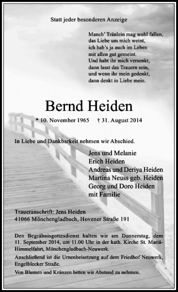  Traueranzeige für Bernd Heiden vom 06.09.2014 aus Rheinische Post