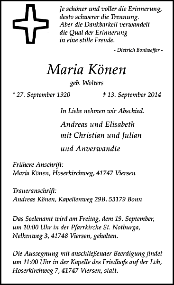  Traueranzeige für Maria Könen vom 17.09.2014 aus Rheinische Post
