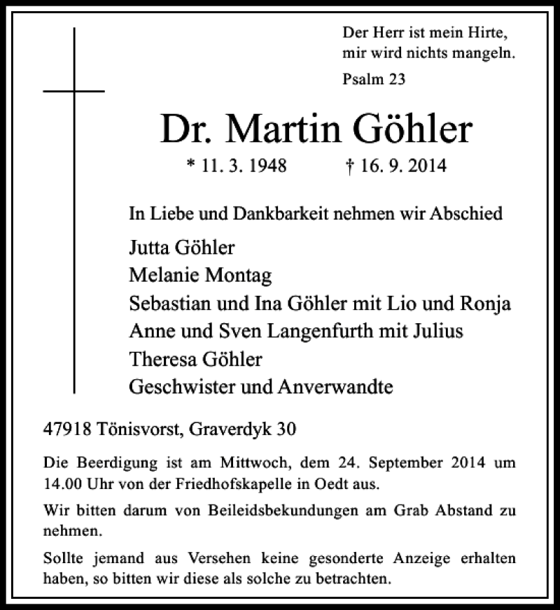  Traueranzeige für Dr. Martin Göhler vom 17.09.2014 aus Rheinische Post