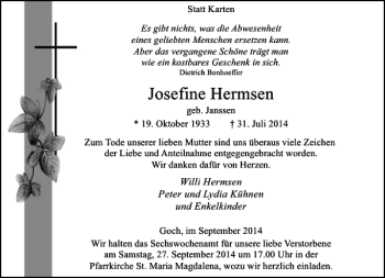 Traueranzeige von Josefine Hermsen von Rheinische Post