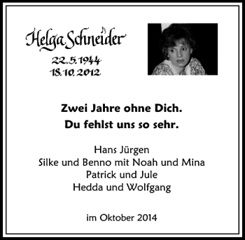 Traueranzeige von Helga Schneider von Rheinische Post