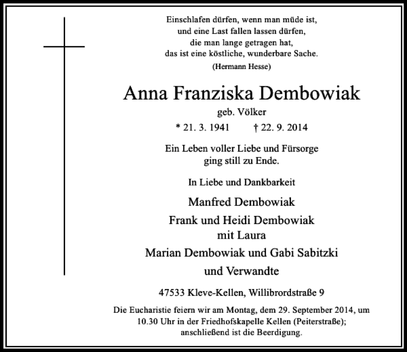  Traueranzeige für Anna Franziska Dembrowiak vom 24.09.2014 aus Rheinische Post