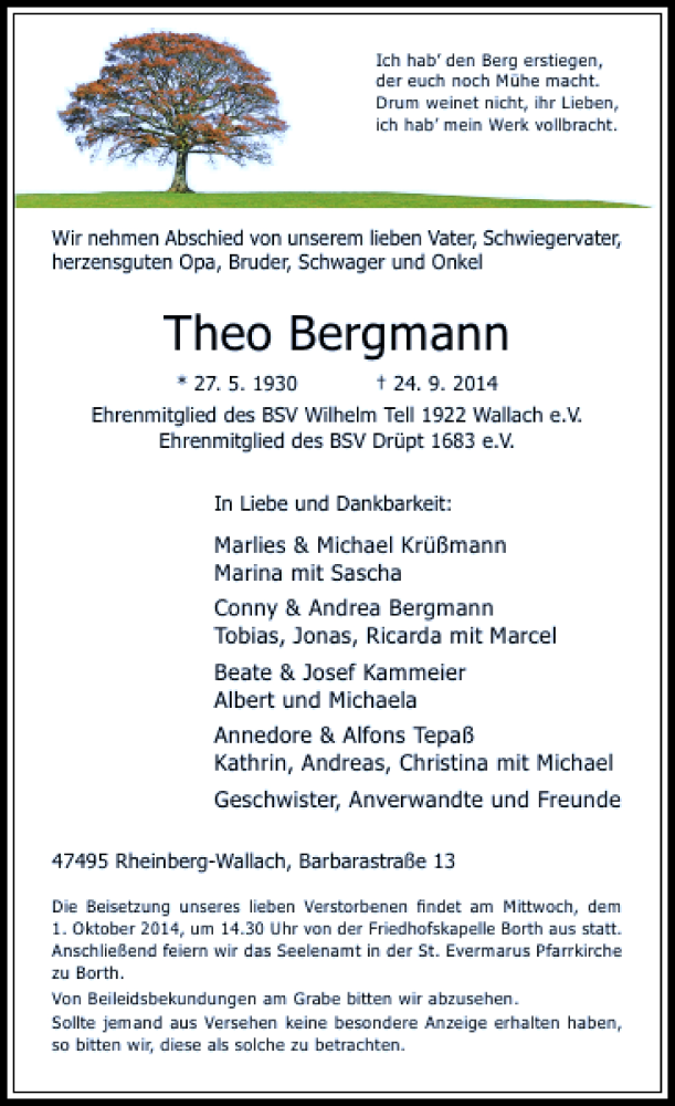  Traueranzeige für Theo Bergmann vom 26.09.2014 aus Rheinische Post