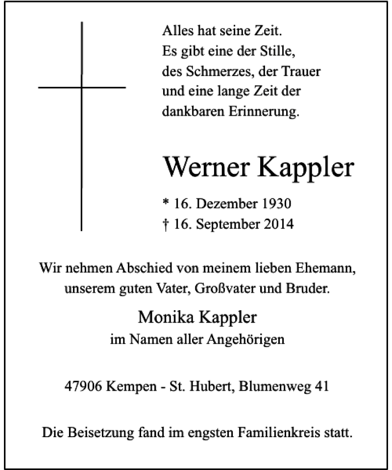 Traueranzeige für Werner Kappler vom 27.09.2014 aus Rheinische Post