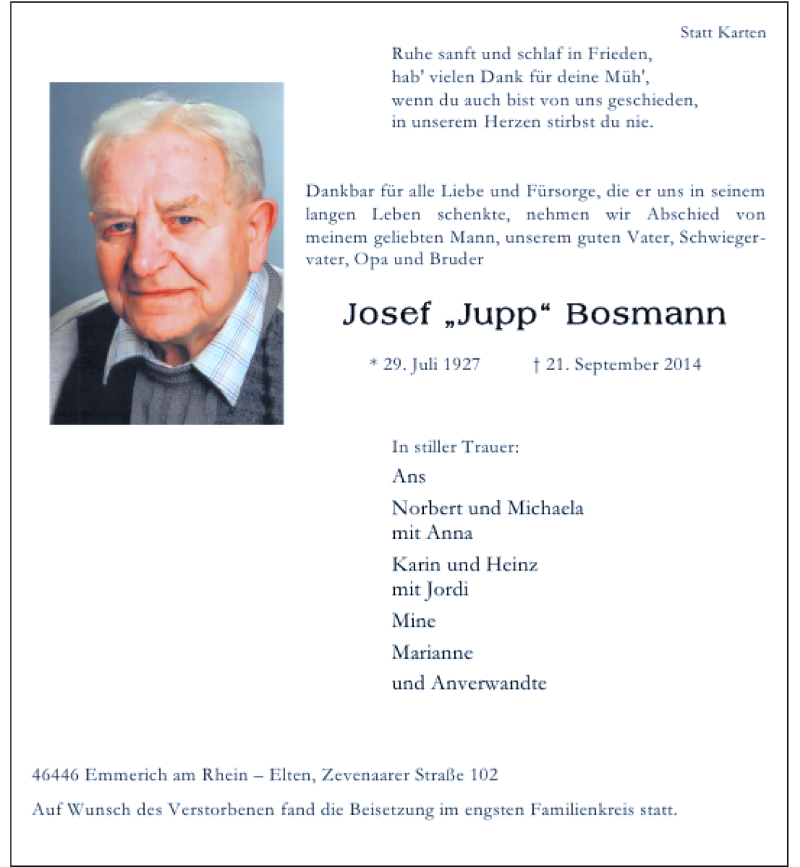  Traueranzeige für Josef Jupp Bosmann vom 27.09.2014 aus Rheinische Post