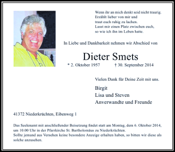 Traueranzeige von Dieter Smets von Rheinische Post