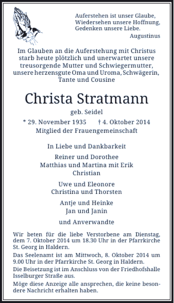  Traueranzeige für Christa Stratmann vom 06.10.2014 aus Rheinische Post