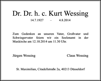 Traueranzeige von Dr. Dr. h. c. Kurt Wessing von Rheinische Post