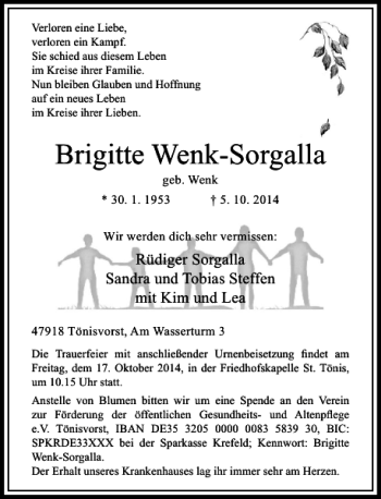 Traueranzeige von Brigitte Wenk-Sorgalla von Rheinische Post