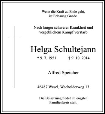 Traueranzeige von Helga Schultejann von Rheinische Post