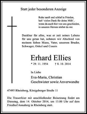 Traueranzeige von Erhard Ellies von Rheinische Post