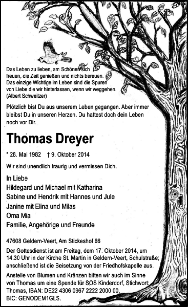  Traueranzeige für Thomas Dreyer vom 13.10.2014 aus Rheinische Post