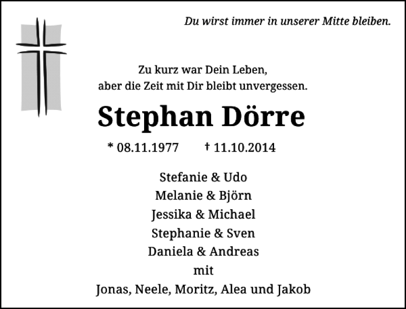  Traueranzeige für Stephan Dörre vom 15.10.2014 aus Rheinische Post