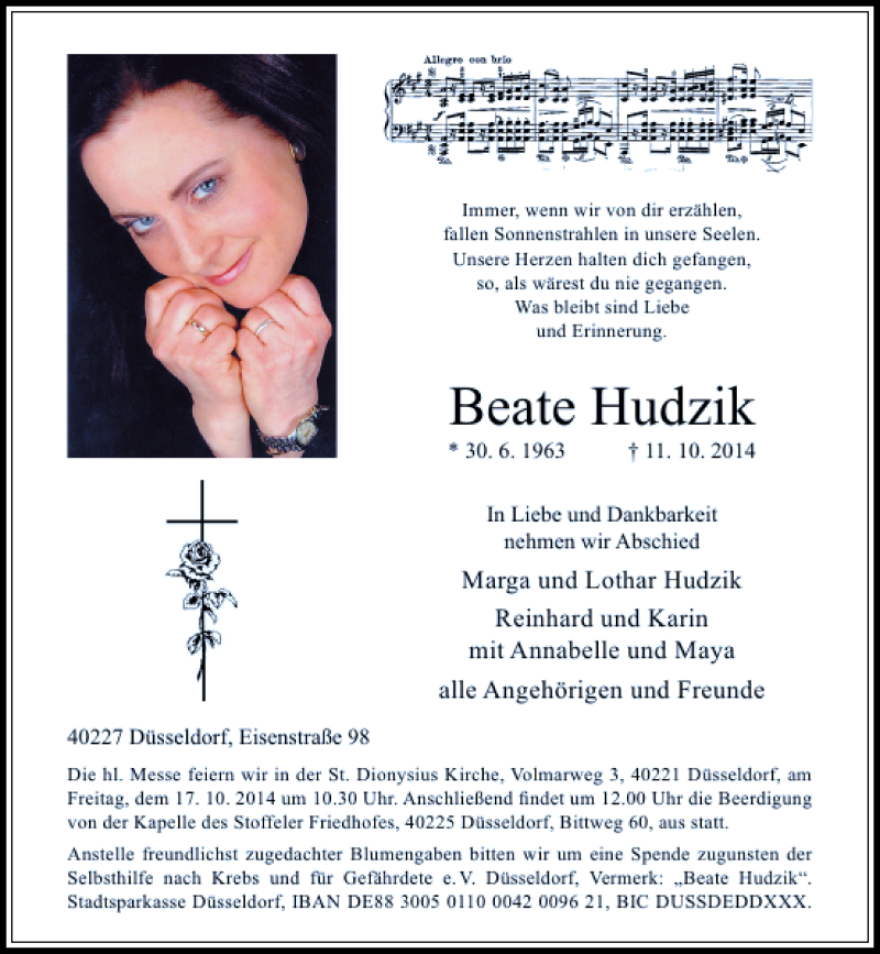  Traueranzeige für Beate Hudzik vom 15.10.2014 aus Rheinische Post